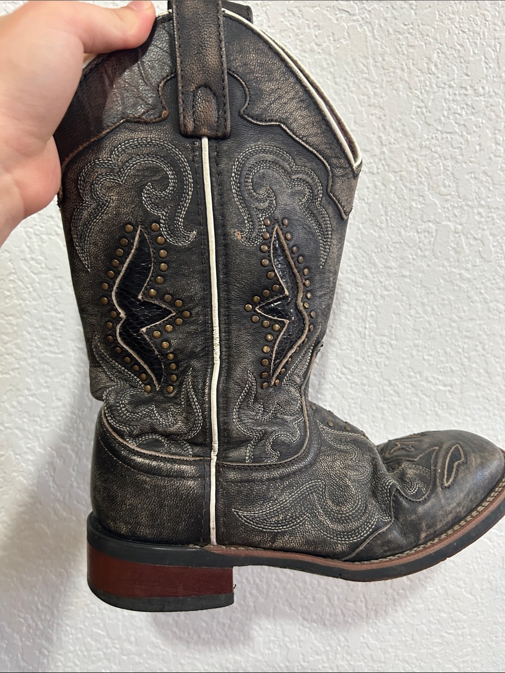 Laredo Black Western Studded Leather Cowboy Boot with White Piping